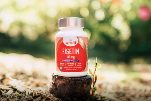 Arcwell Fisetin 100 mg supplement bottle outdoors, antioxidant and anti-aging support.