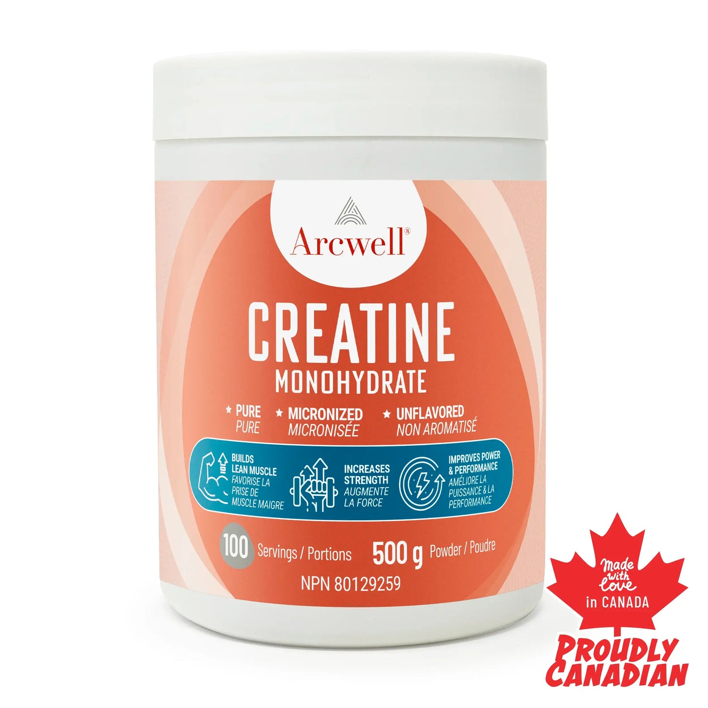 Arcwell creatine monohydrate powder, 500 g powder, pure, unflavored, micronized